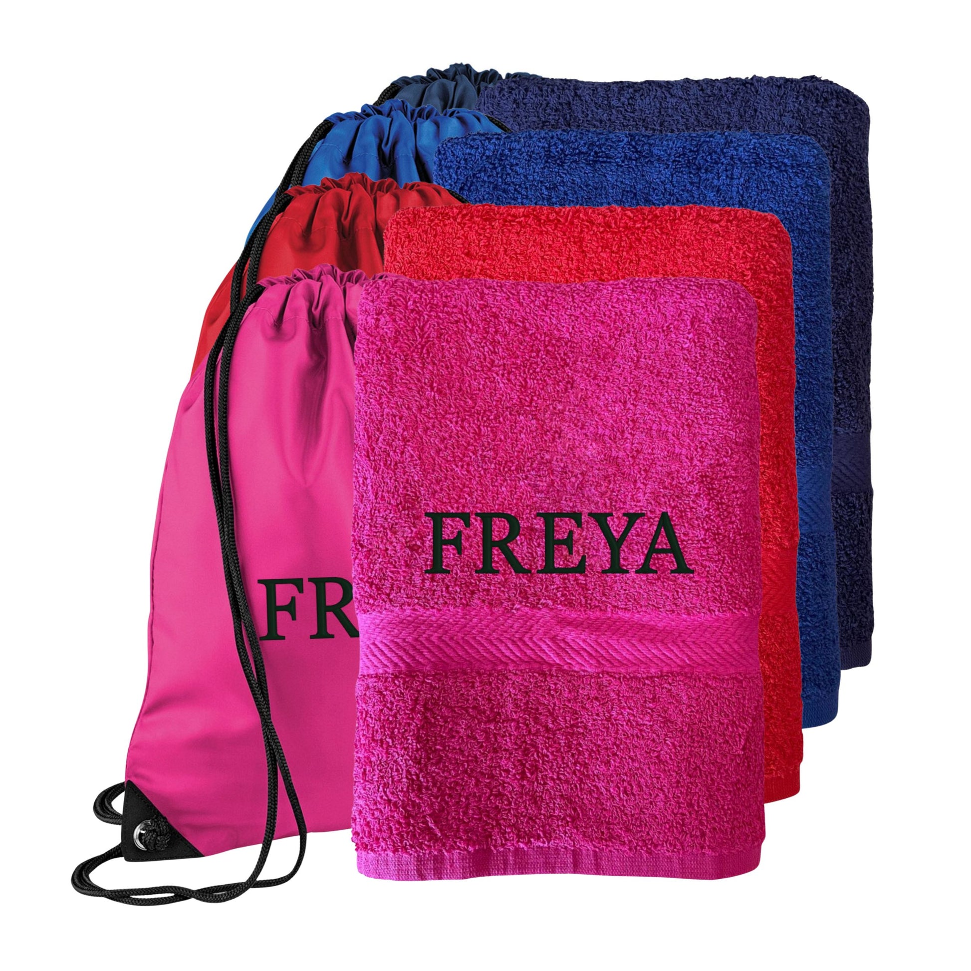 Pink, red, and blue towels with 'FREYA' branding on a white background