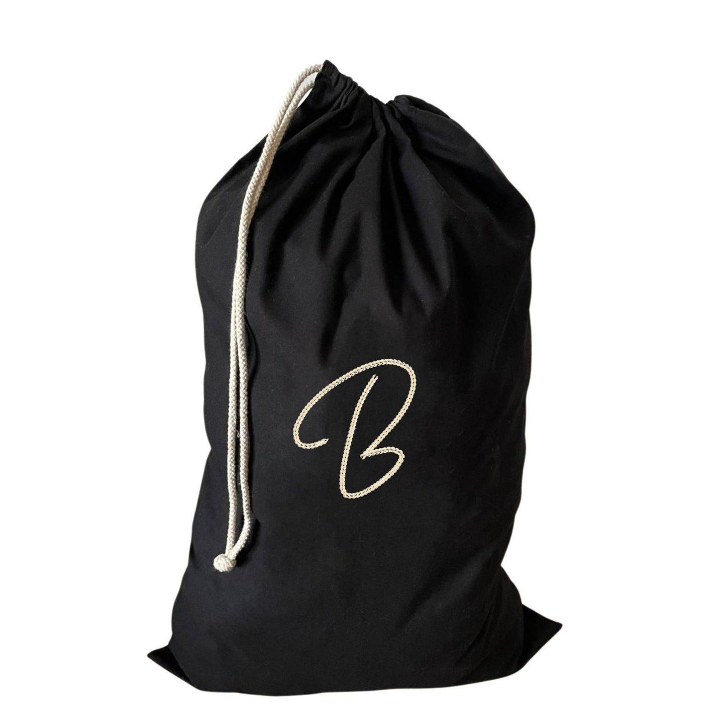 Custom large drawstring laundry bag featuring an embroidered B, perfect for laundry and gym clothes.