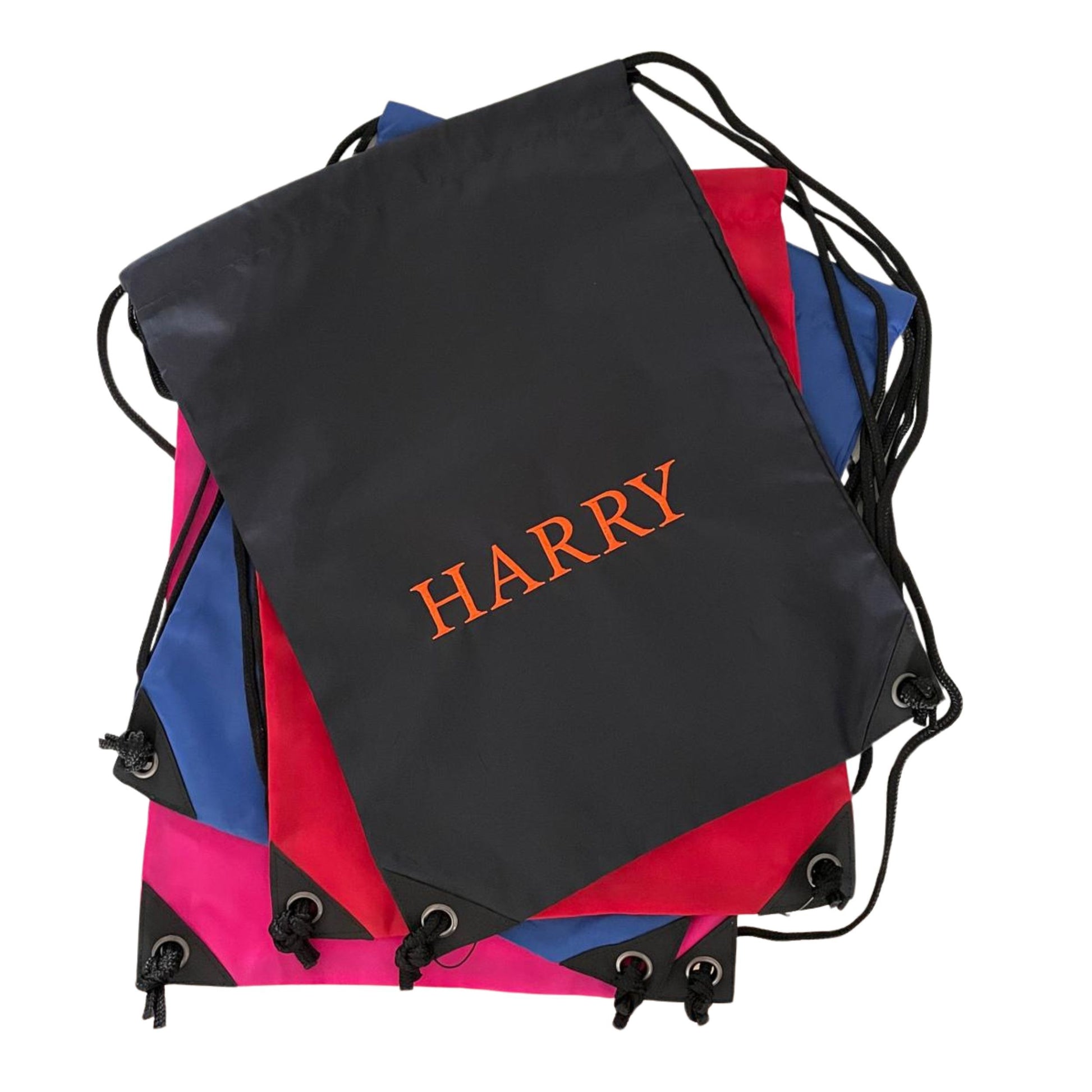 Multicolored drawstring bag with 'HARRY' embroidered on a black section against a white background