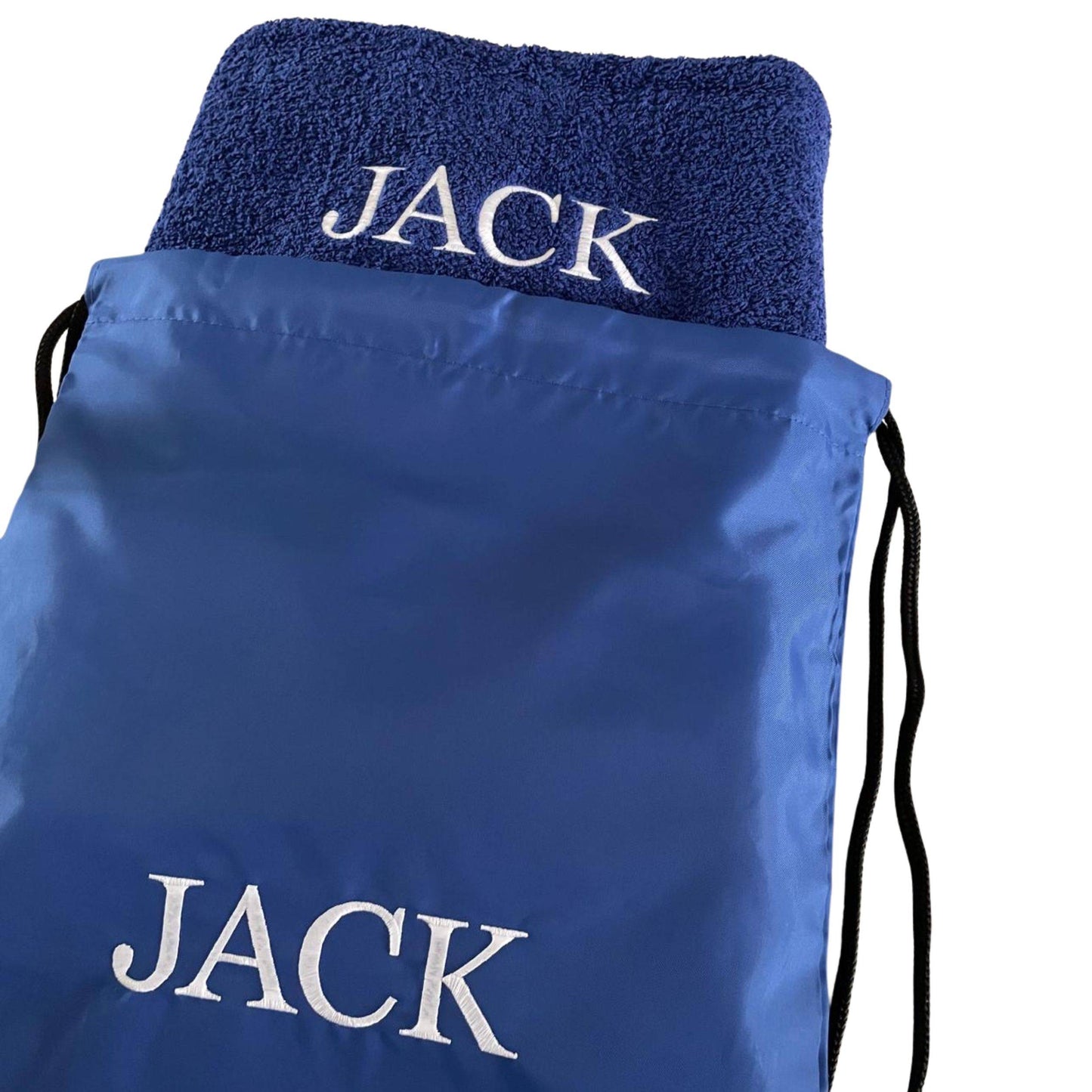 Blue drawstring bag and towel with 'JACK' embroidery on a white background