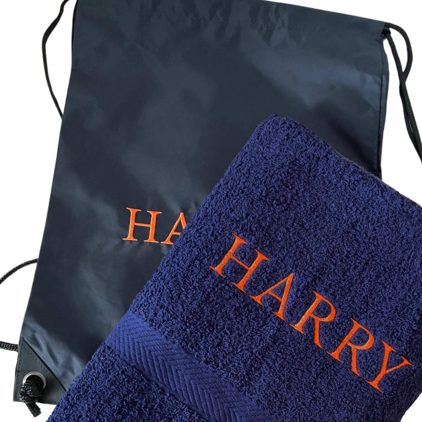 Navy drawstring bag and towel with 'HARRY' embroidered on a white background