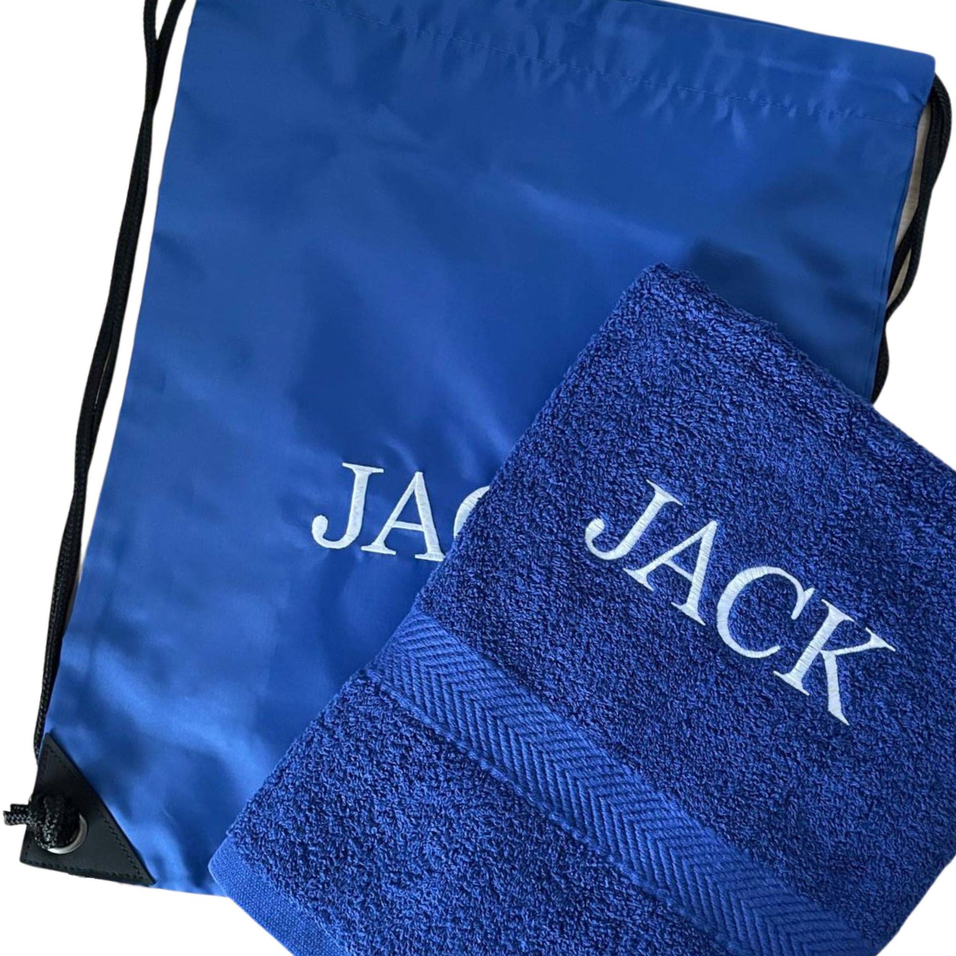 Blue drawstring bag and towel with 'JACK' branding on a white background
