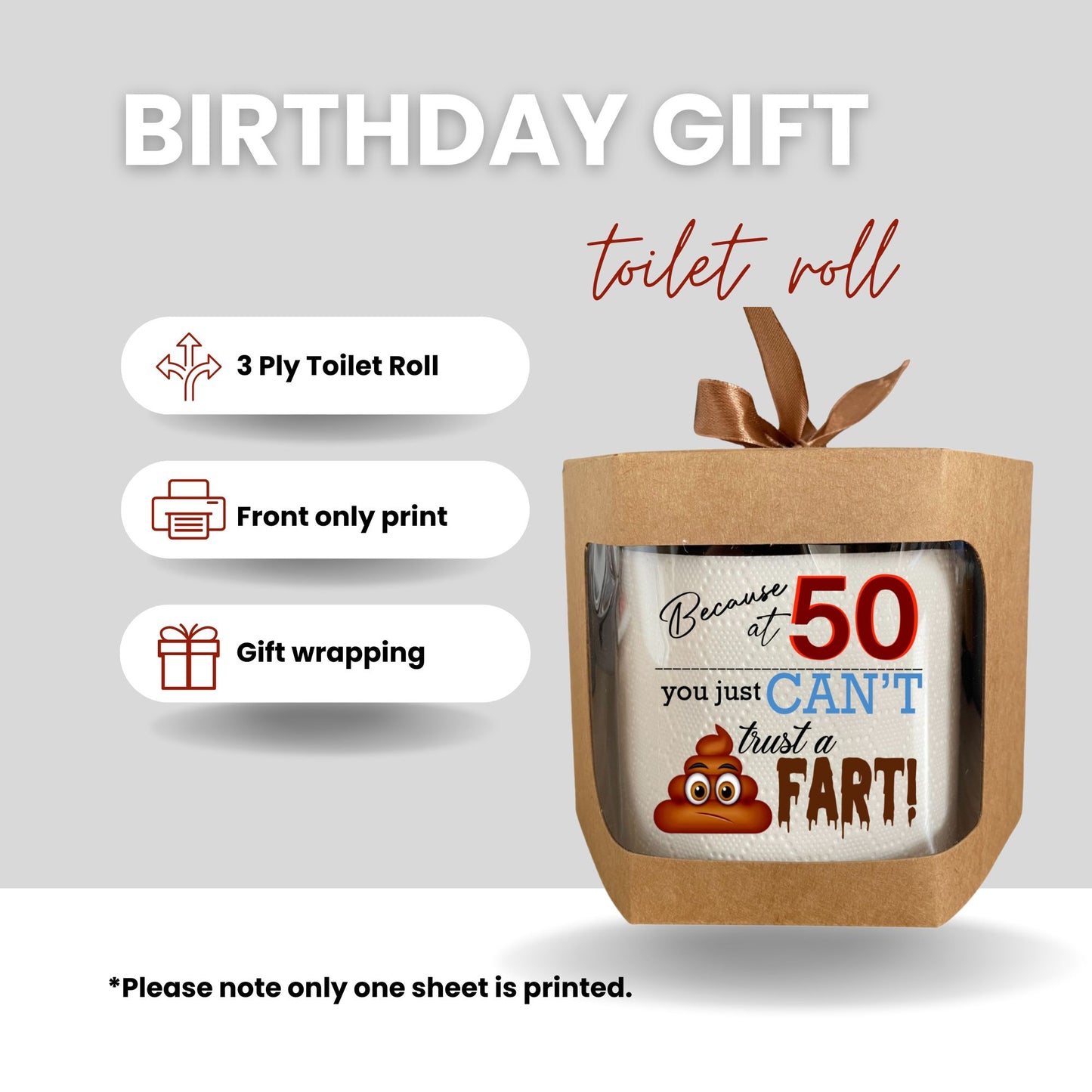 Novelty 50th Birthday Printed Toilet Roll Because At 50 You Just Can’t Trust a Fart