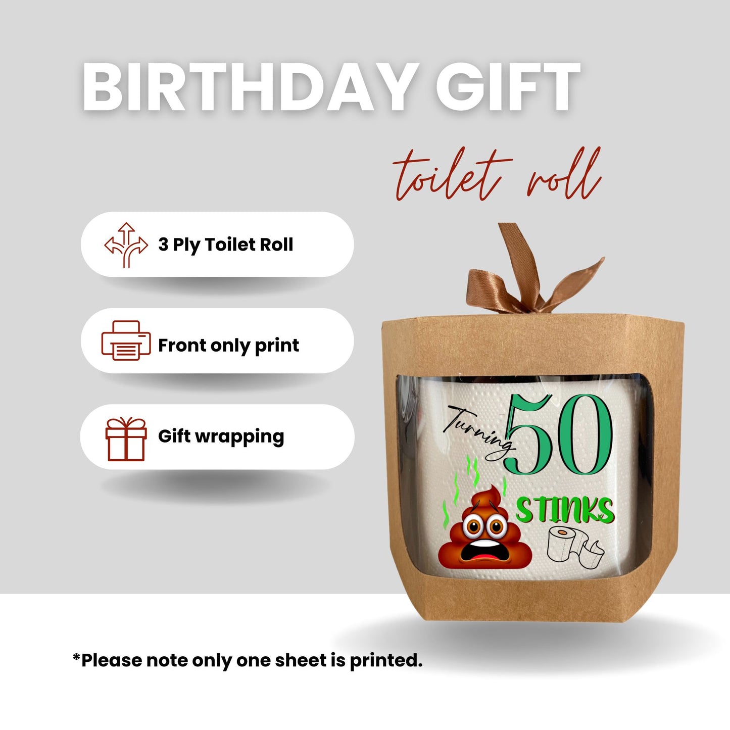 Novelty 50th Birthday Printed Toilet Roll Turning 50 Stinks