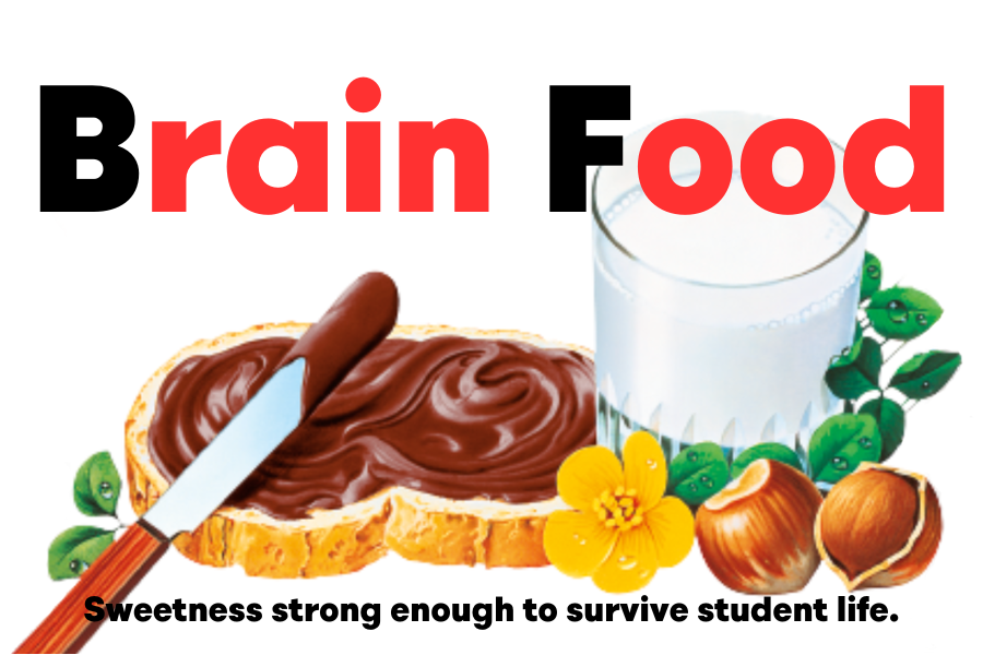 Custom Nutella jar label with the phrase 'Brain Food' surrounded by Nutella-themed artwork.