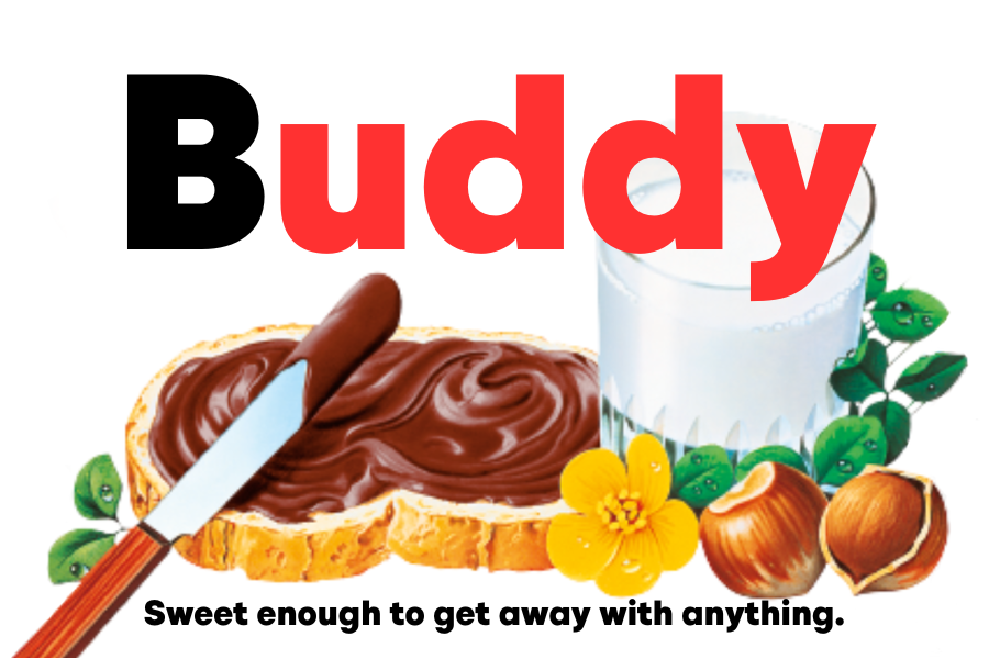 Custom Nutella jar label for 'Buddy' embellished with playful Nutella-themed graphics.