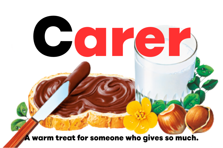 Custom Nutella jar label titled 'Carer' with illustrations of Nutella and cheerful text.