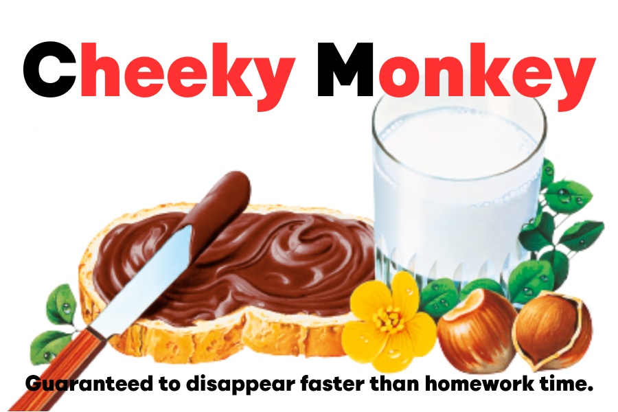 Custom Nutella jar label design titled 'Cheeky Monkey' with playful Nutella imagery.