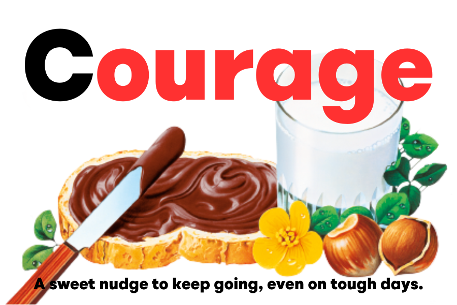 Custom Nutella jar label featuring 'Courage' with bright Nutella illustrations.