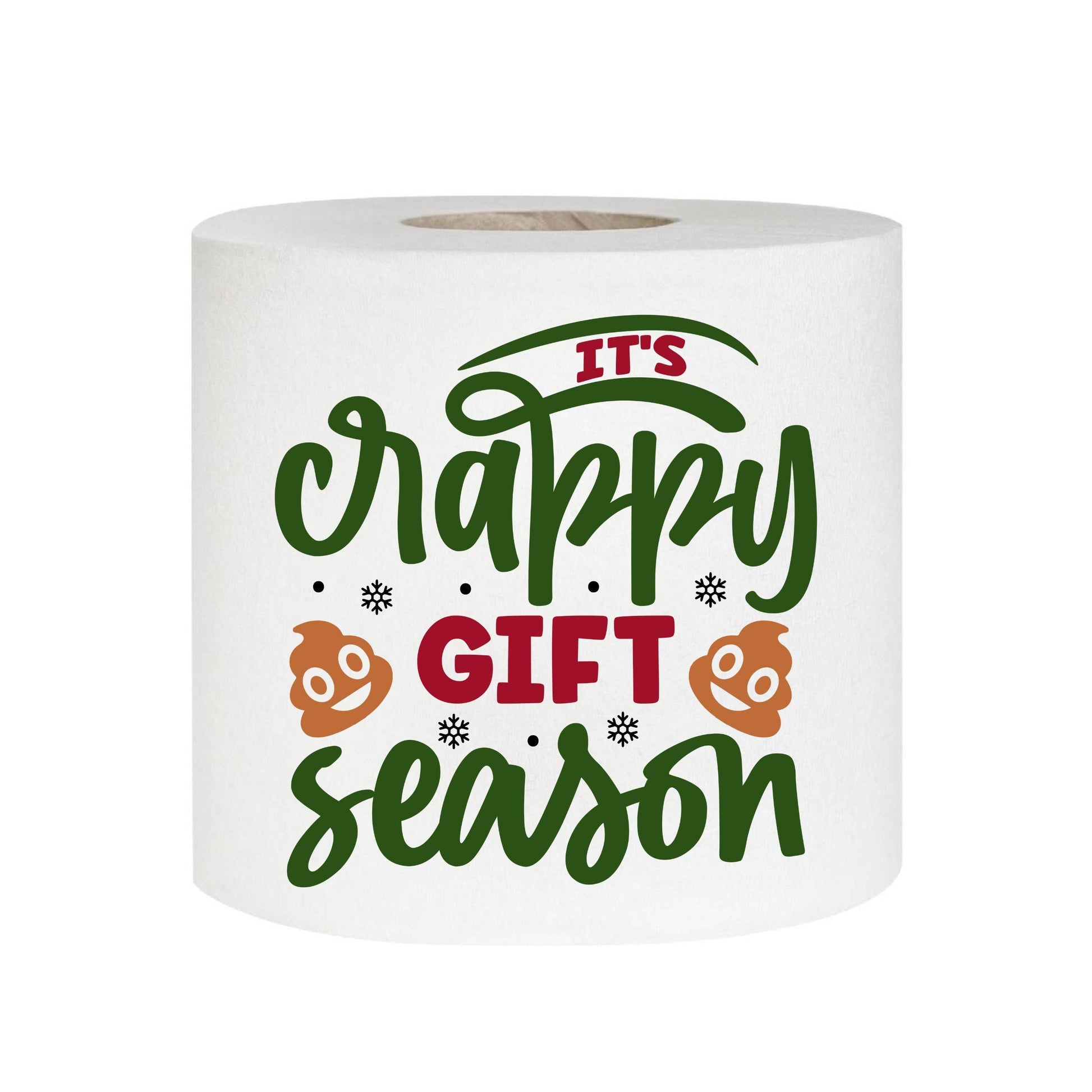 Toilet roll printed with 'IT'S CRAPPY GIFT SEASON' in festive colours, combining practicality and fun - a fantastic option for stocking stuffer ideas this Christmas.