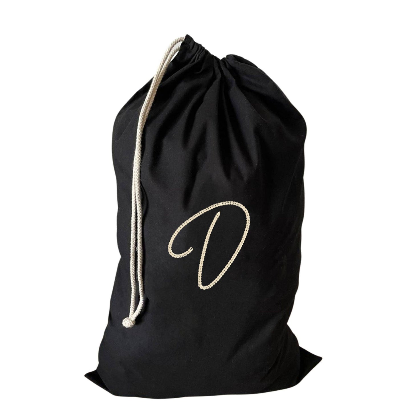 Elegant large drawstring laundry bag with a D initial, crafted from eco-friendly materials.