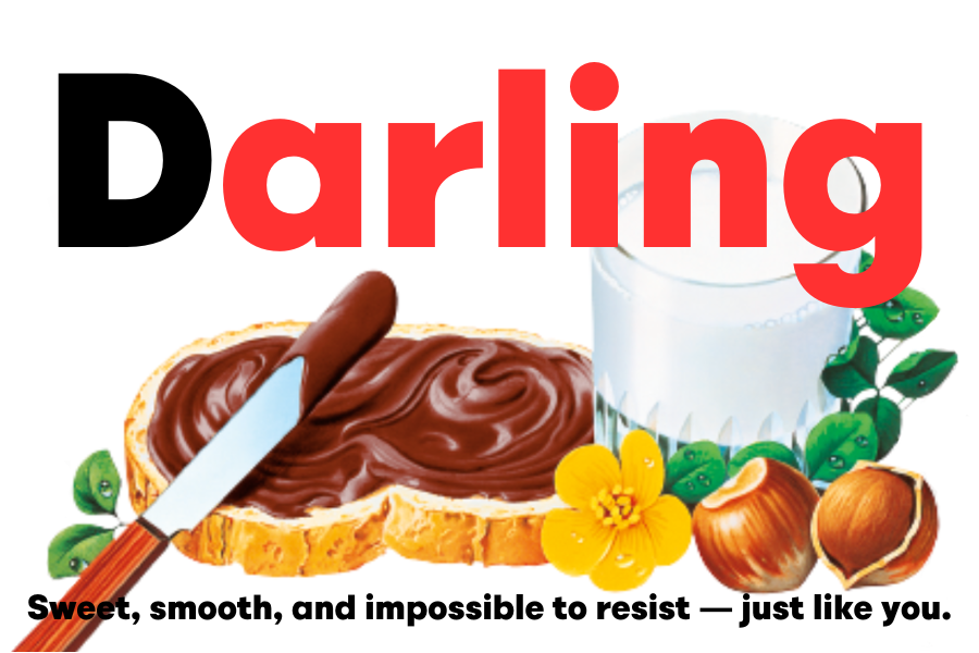 Custom Nutella jar label reading 'Darling' accompanied by delightful Nutella graphics.
