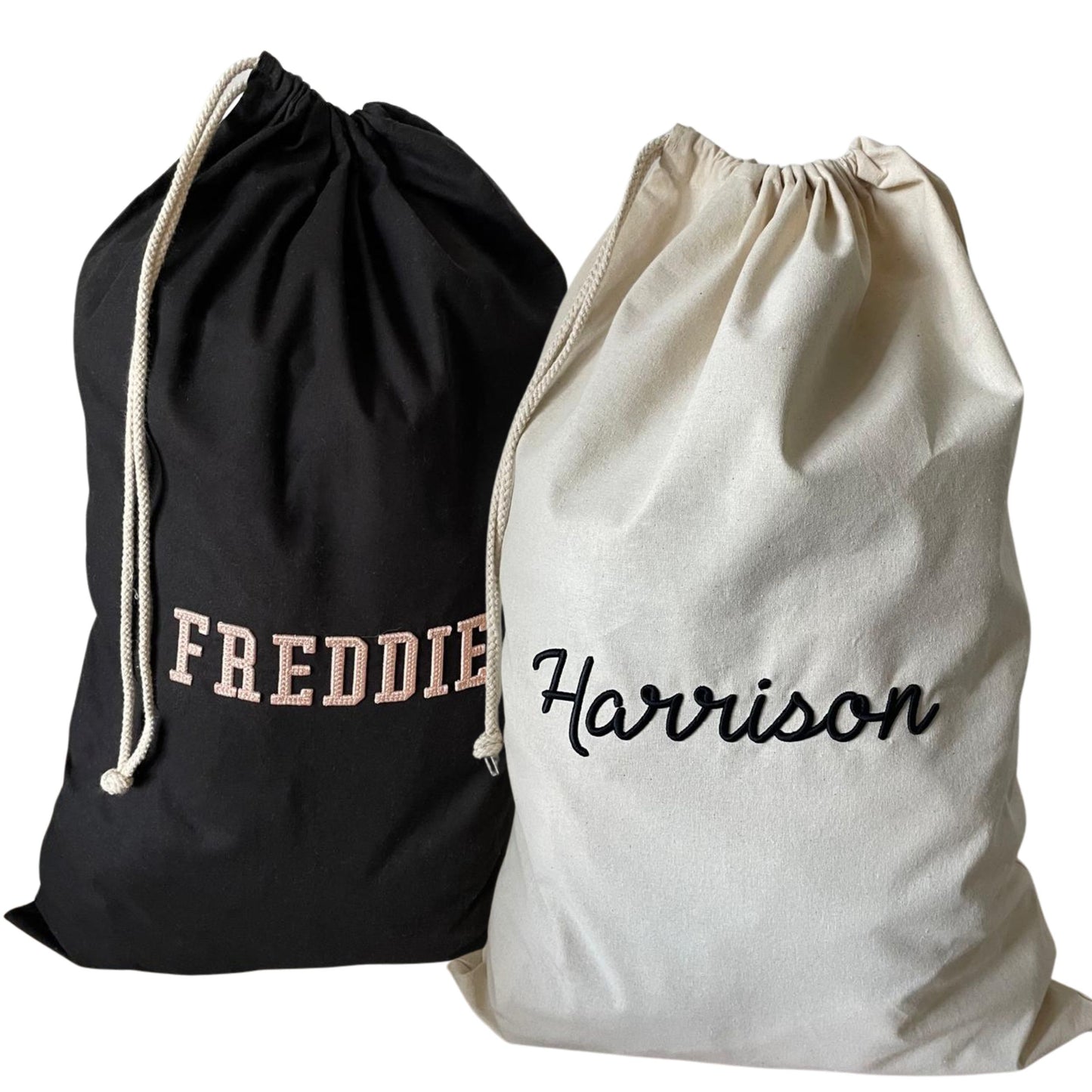 Black drawstring bag with 'FREDDIE' and white bag with 'Harrison' on a white background