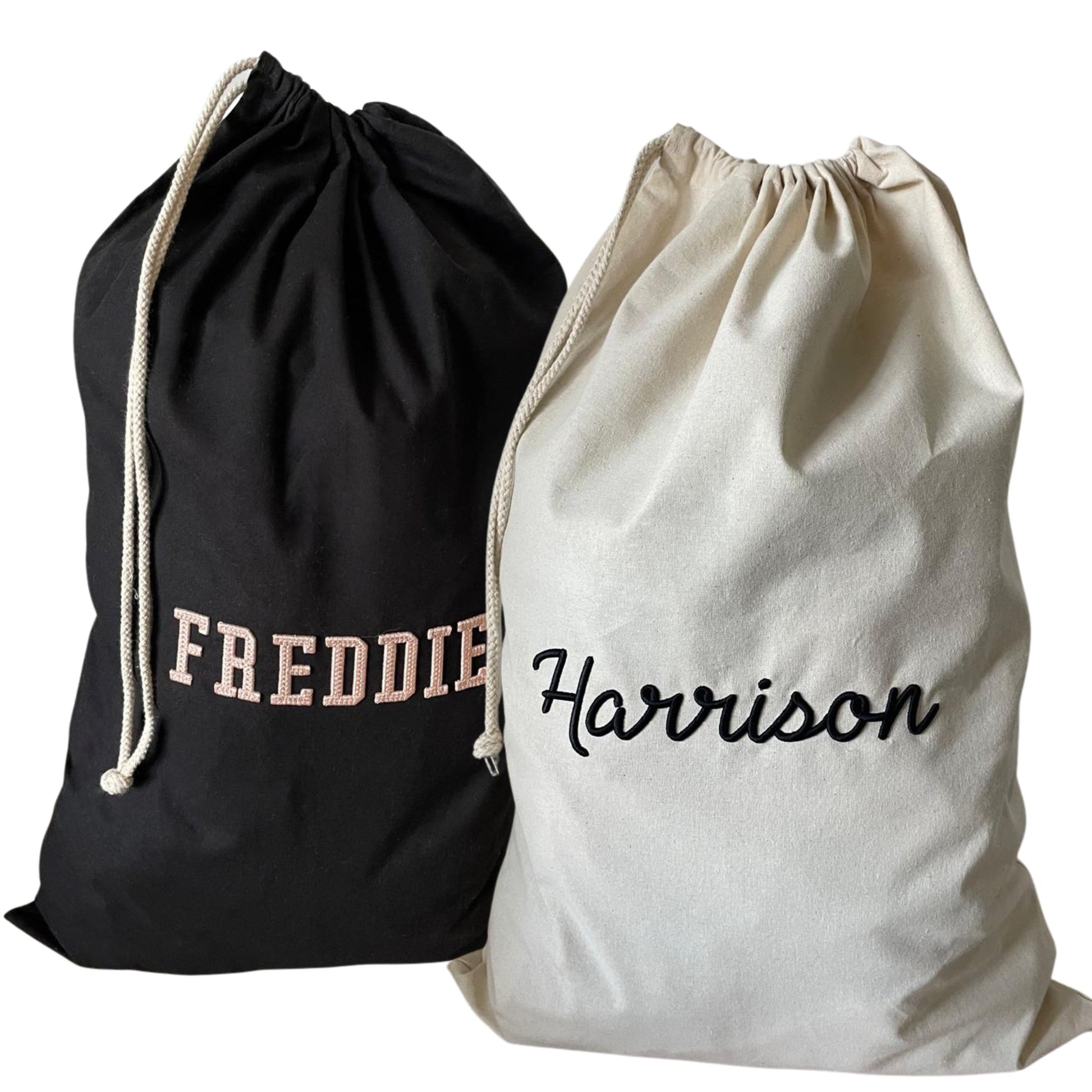 Black drawstring bag with 'FREDDIE' and white bag with 'Harrison' on a white background
