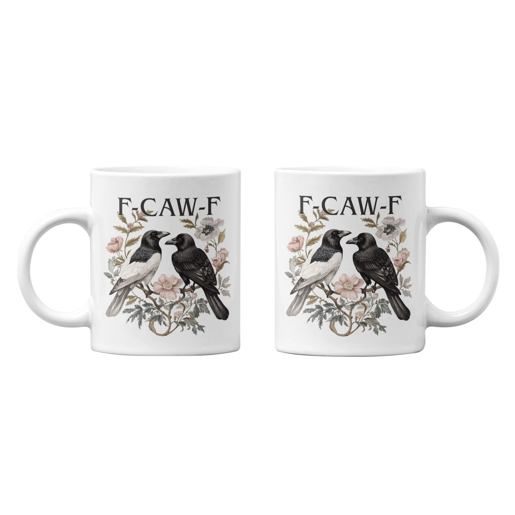 Funny Swear Words F Caw Halloween Mug featuring a dual-crow illustration and floral embellishments. This unique gothic coffee cup is perfect for a playful start to your day.
