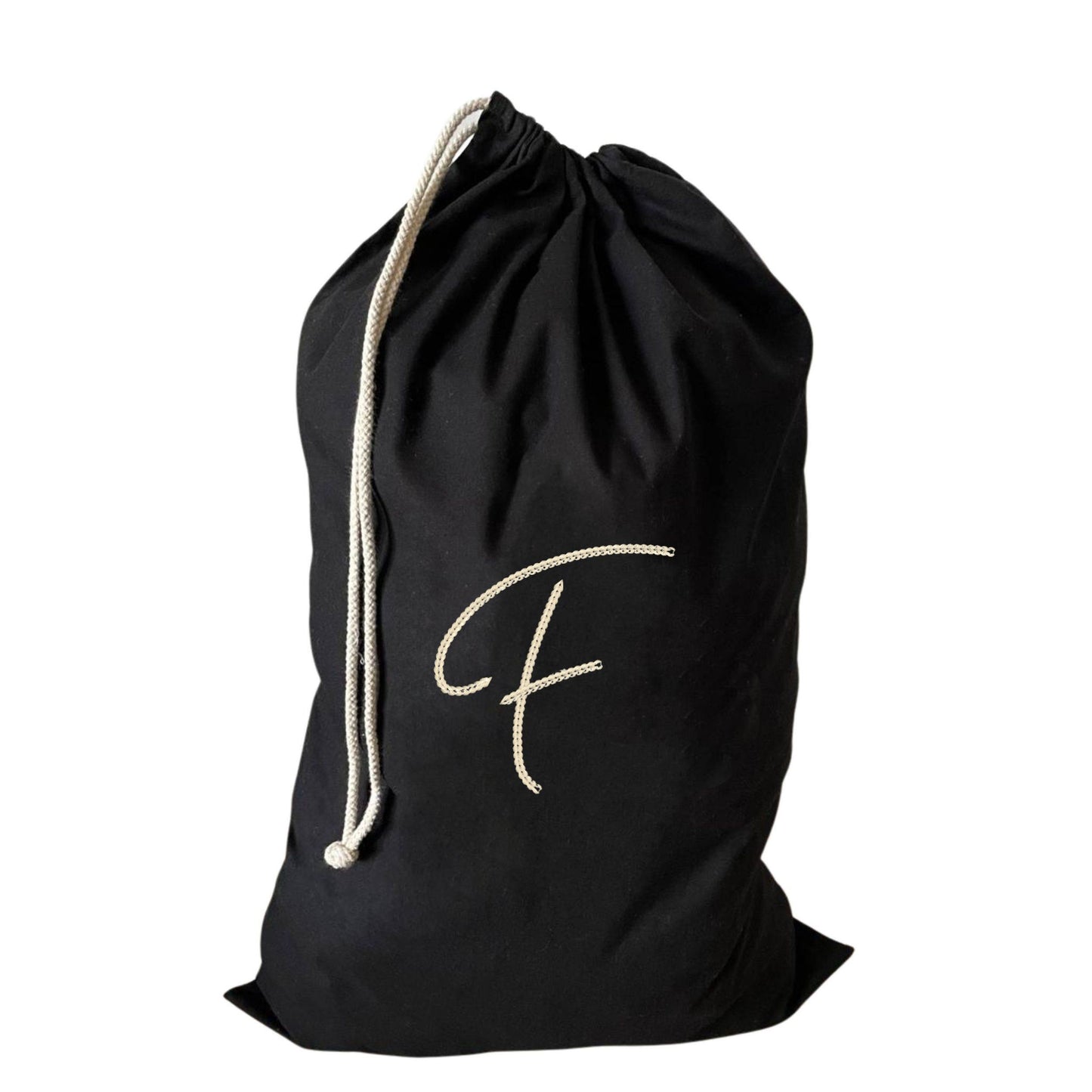 Fabulous large drawstring laundry bag with an embroidered F, made from recycled cotton.