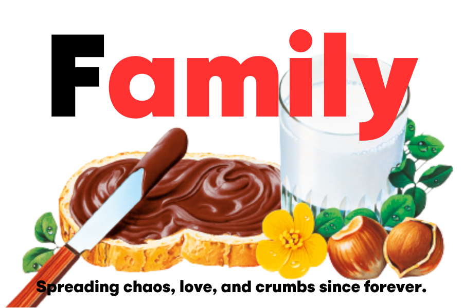 Custom Nutella jar label for 'Family' featuring cheerful Nutella characters and sentiment.