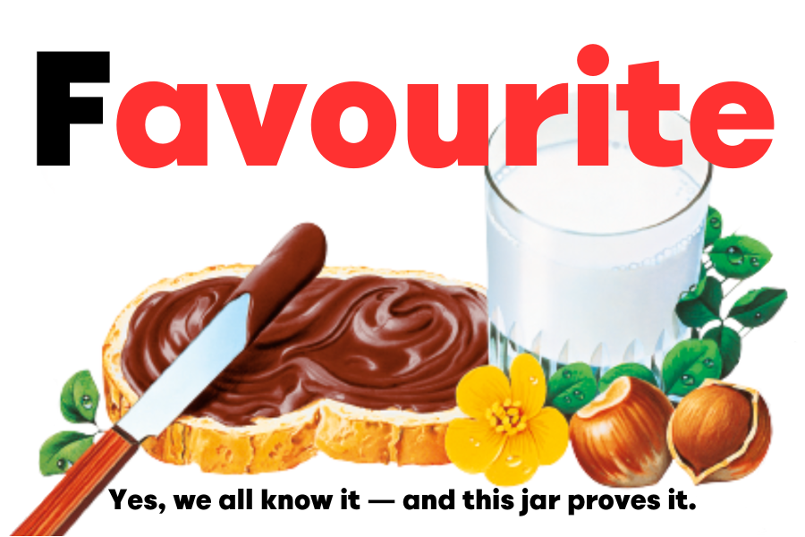 Custom Nutella jar label stating 'Favourite' with appealing Nutella imagery and illustrations.
