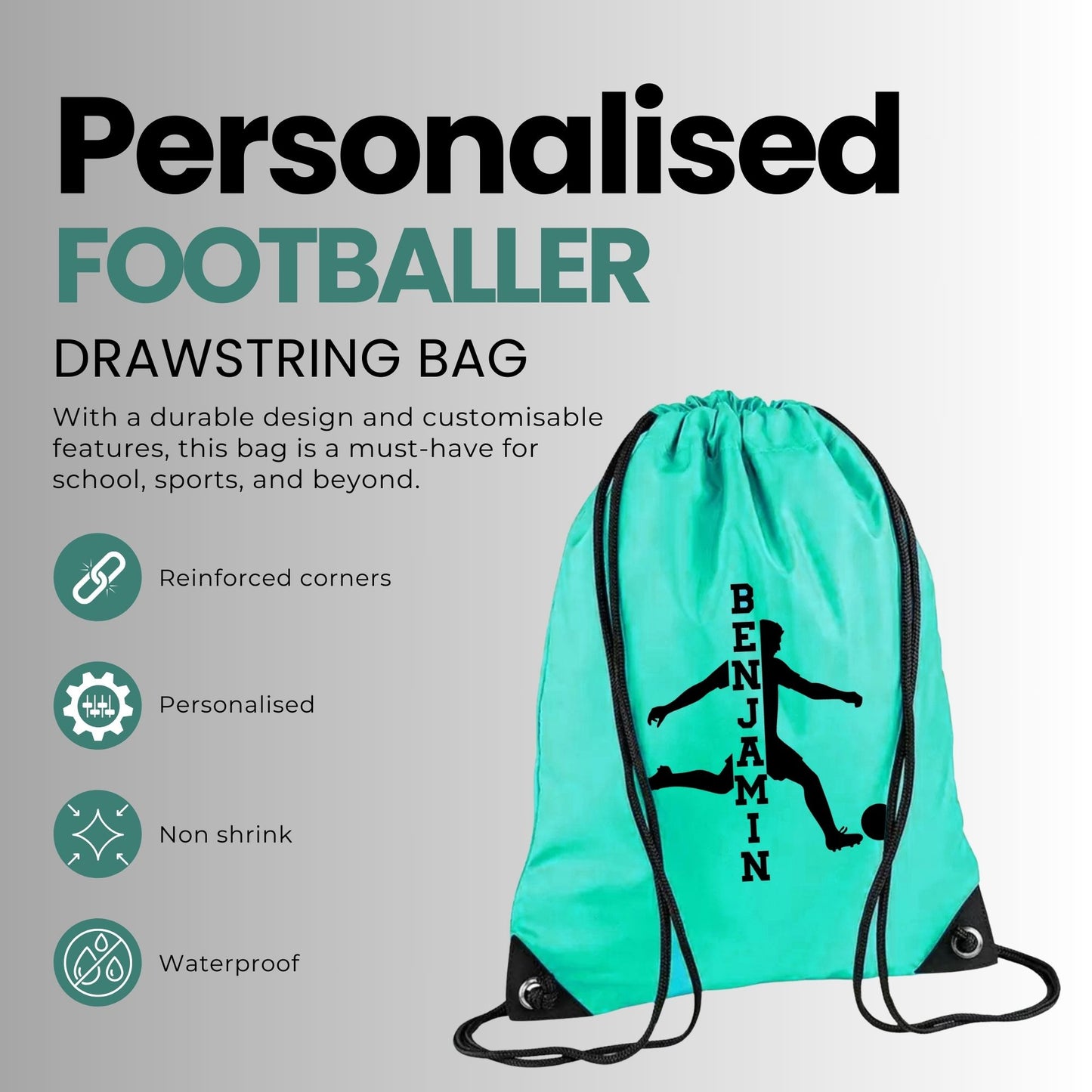 Personalised Drawstring PE Bag - Waterproof Drawstring Bag with Custom Name - Football Gifts for Boys & Girls - Reinforced PU Corner - Kids PE Bags for School, Small Gym Bag, Sports Bag Kids