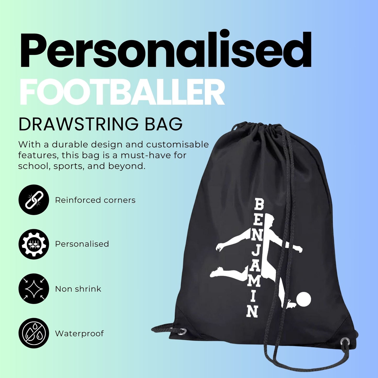 Personalised Drawstring PE Bag - Waterproof Drawstring Bag with Custom Name - Football Gifts for Boys & Girls - Reinforced PU Corner - Kids PE Bags for School, Small Gym Bag, Sports Bag Kids