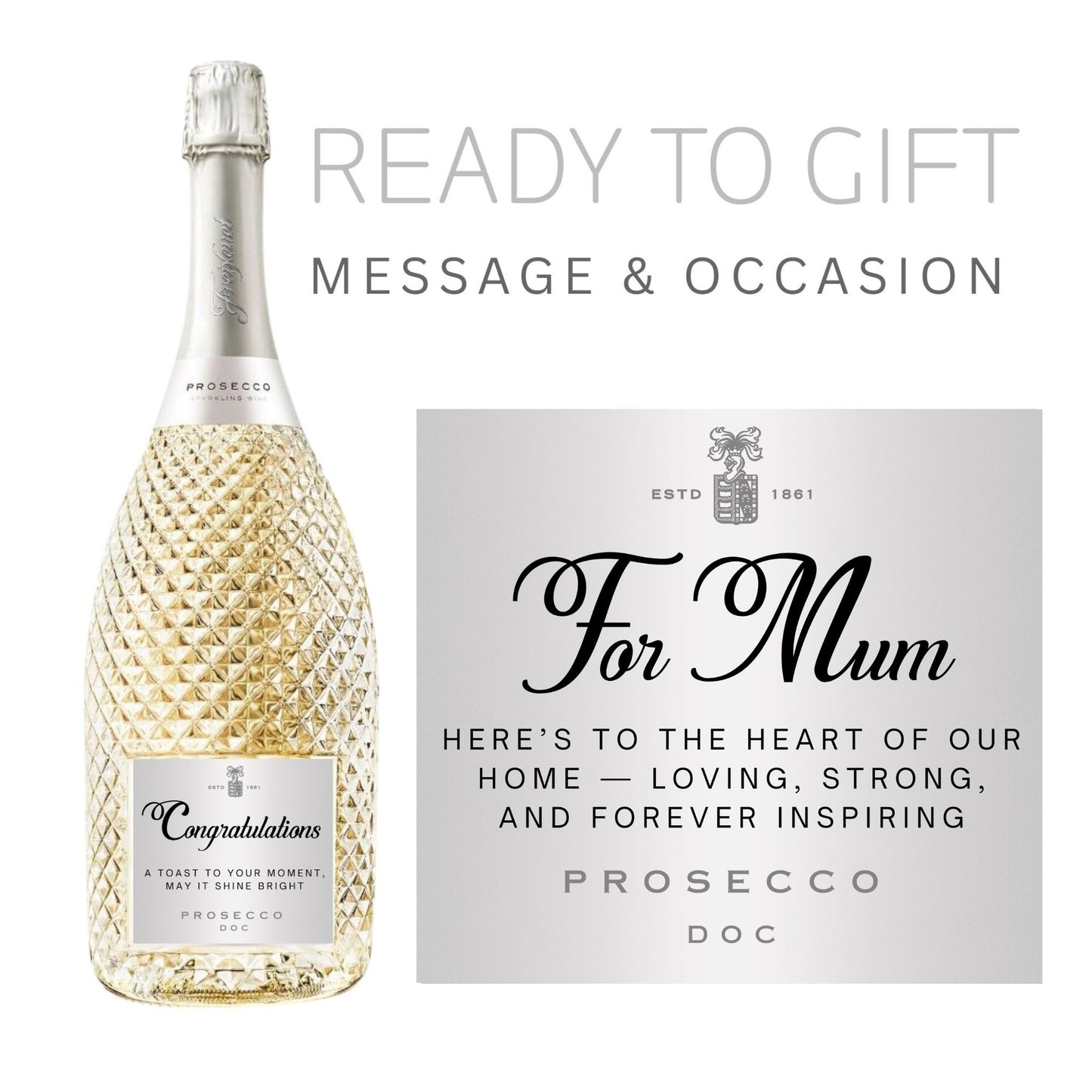 Prosecco bottle with 'For Mum' sticker - lovely prosecco gift stickers for Mother's Day or special occasions.