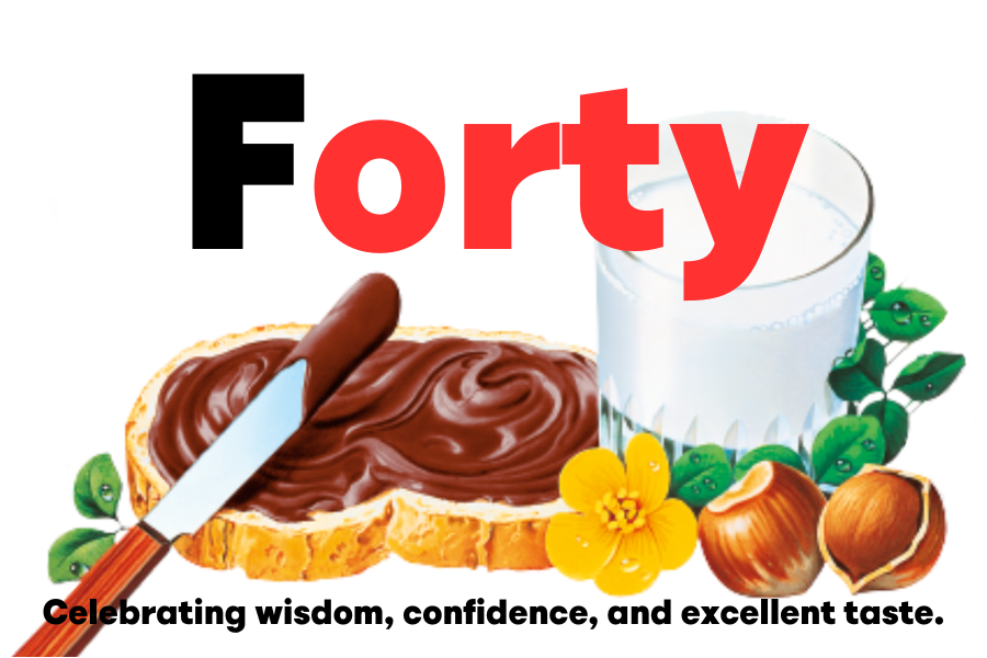 Custom Nutella jar label representing 'Forty' with vibrant Nutella-themed graphics.