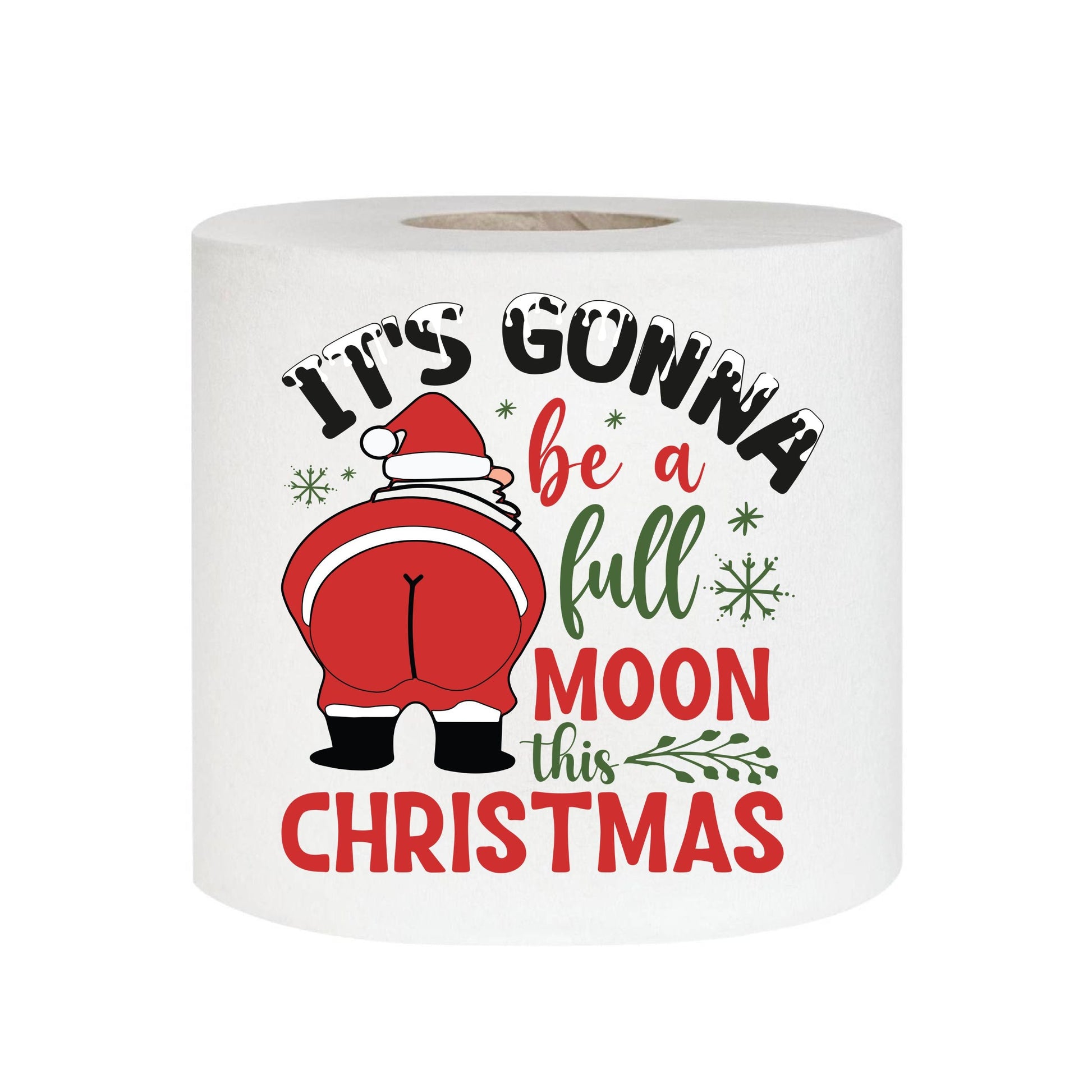 Close-up of Christmas Printed Toilet Paper showcasing Santa's backside with 'IT'S GONNA be a full MOON this CHRISTMAS' - ideal for adding humour to your holiday gifting and stocking stuffer ideas.