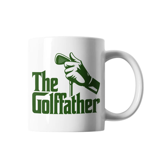 Golffather Funny Coffee Mug featuring a golf club and hand design, perfect as golf gifts for dad.
