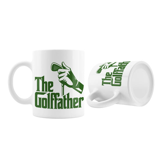 Golffather Funny Coffee Mug displayed from two angles, showcasing its humorous design ideal for golf gifts for dad.