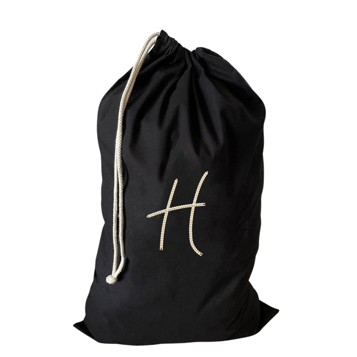 Personalised large drawstring laundry bag with an H embroidery, perfect for students and families.