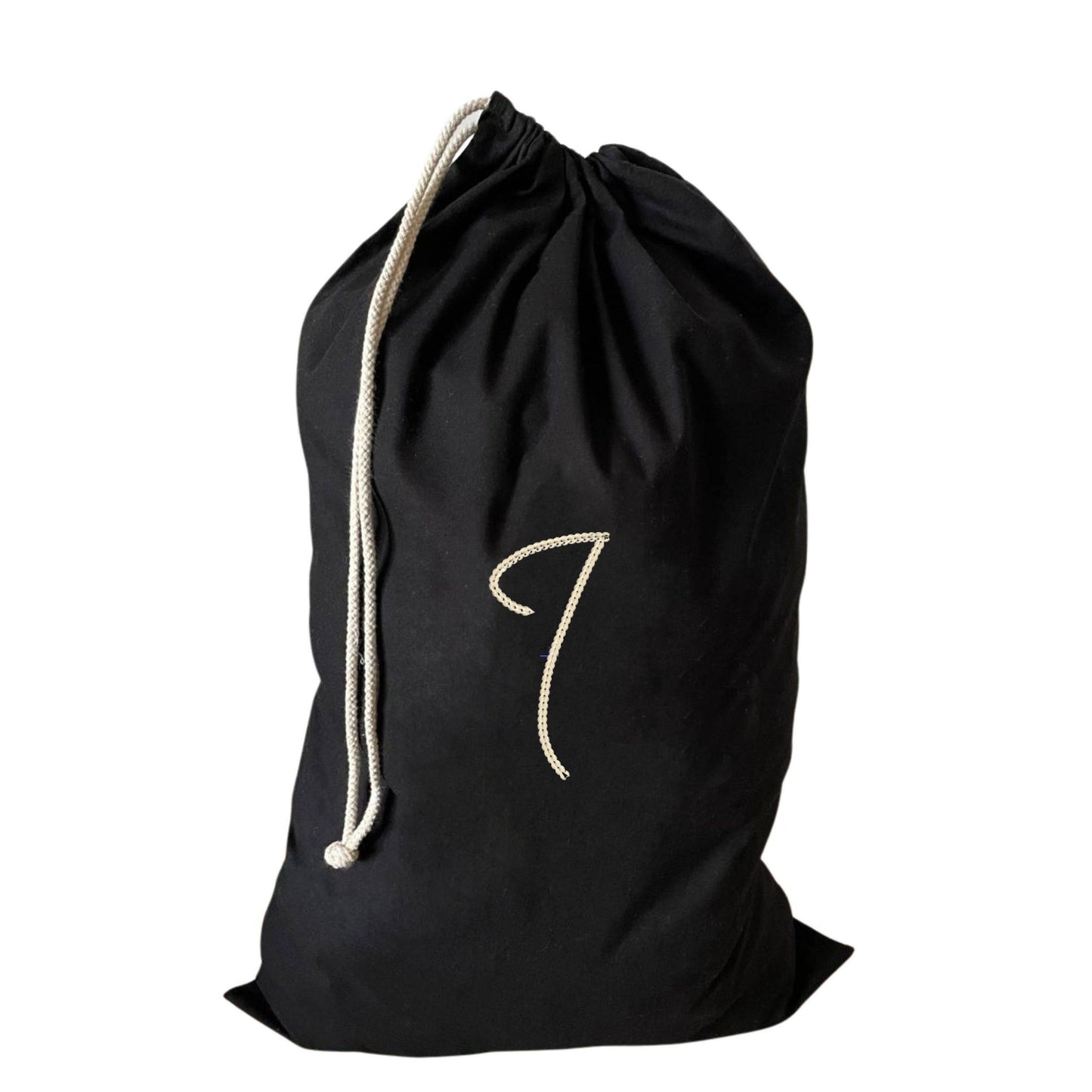 Customised large drawstring laundry bag featuring an embroidered I, suitable for laundry or travel.