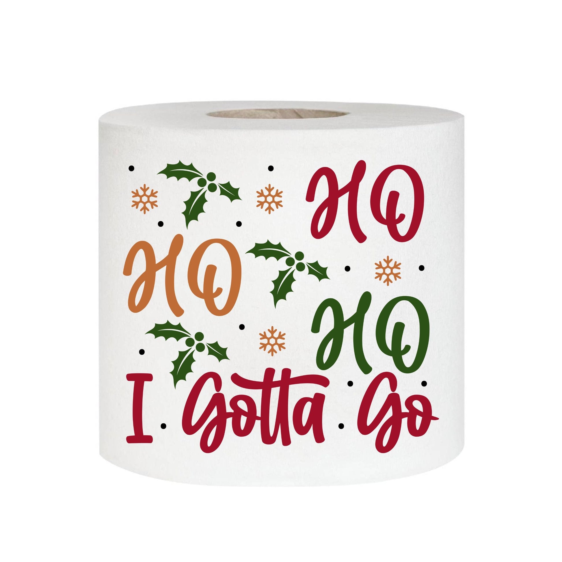 Humorous Christmas Toilet Paper saying 'HO HO HO I Gotta Go' with holly leaves design, perfect for adding laughter to holiday gifting - unique stocking stuffer ideas.