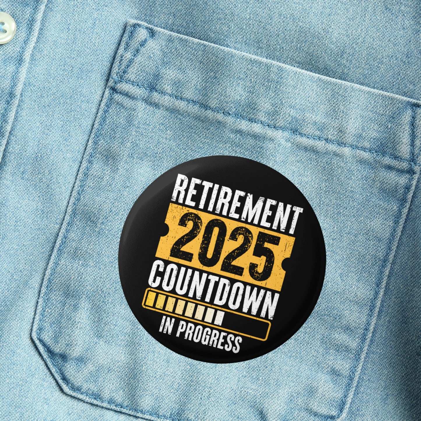 Close up of the colorful Countdown To Retirement Gift Badge 2025, an engaging retirement gift badge to highlight your upcoming retirement.