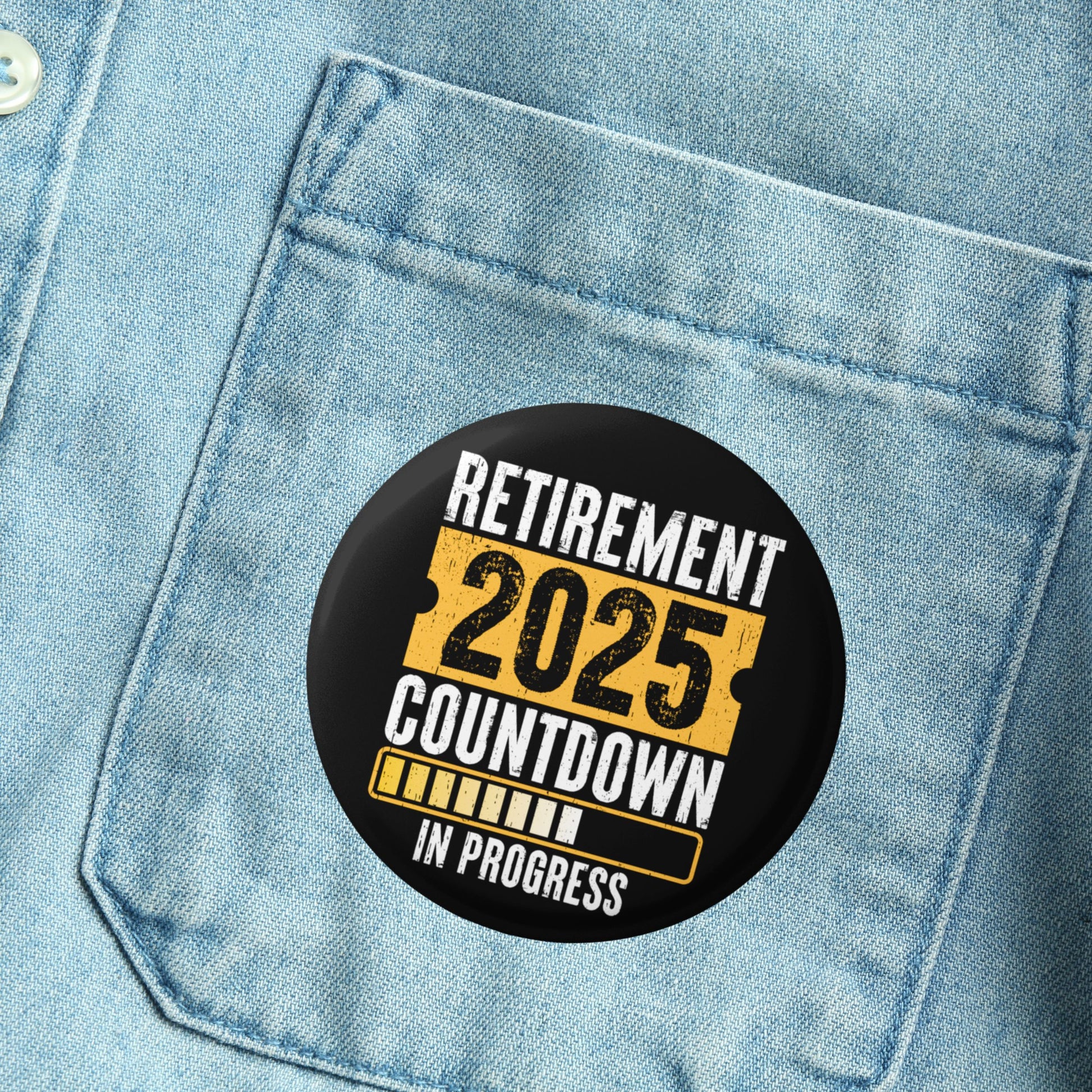 Close up of the colorful Countdown To Retirement Gift Badge 2025, an engaging retirement gift badge to highlight your upcoming retirement.