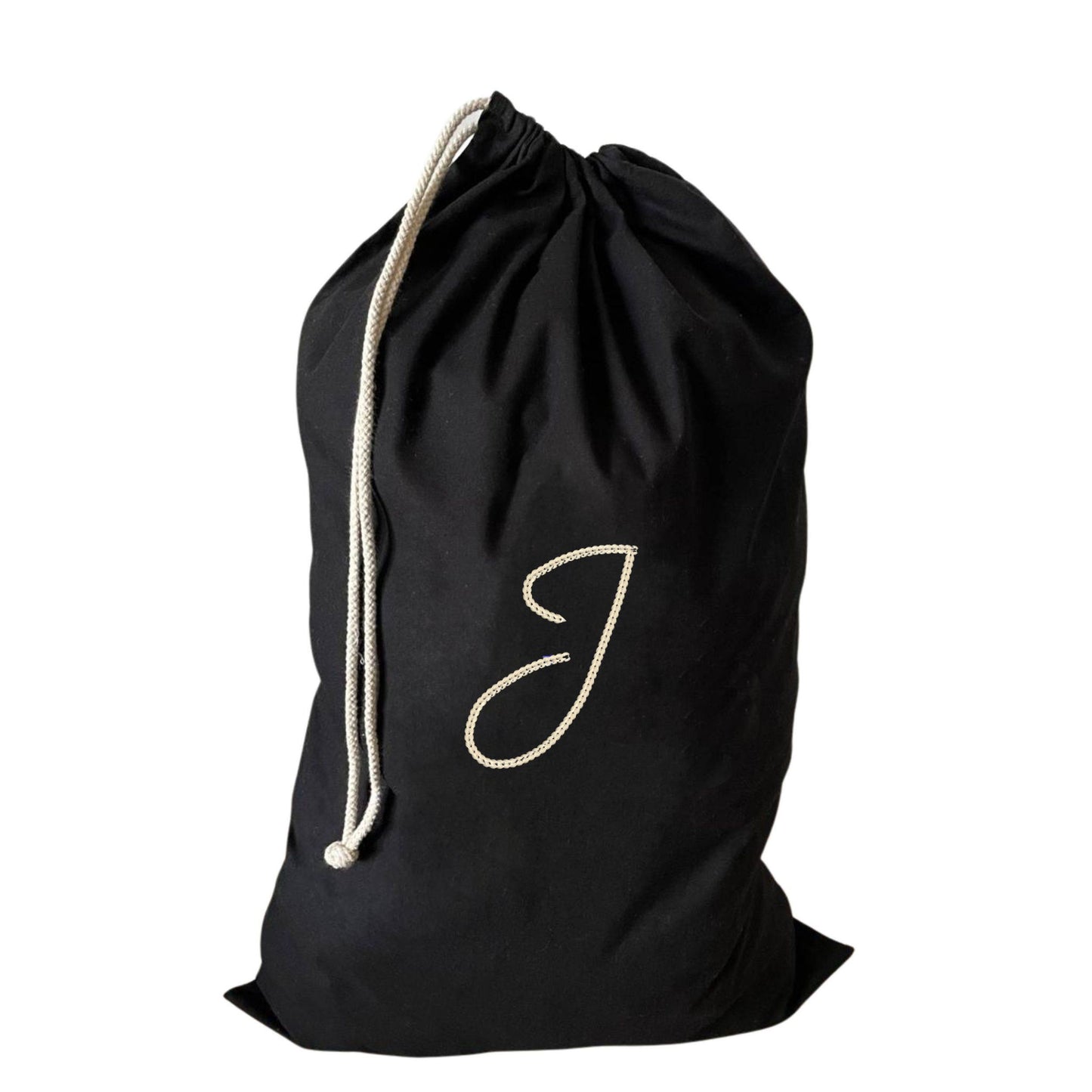 Versatile large drawstring laundry bag with a stylish J initial, made from eco-friendly materials.