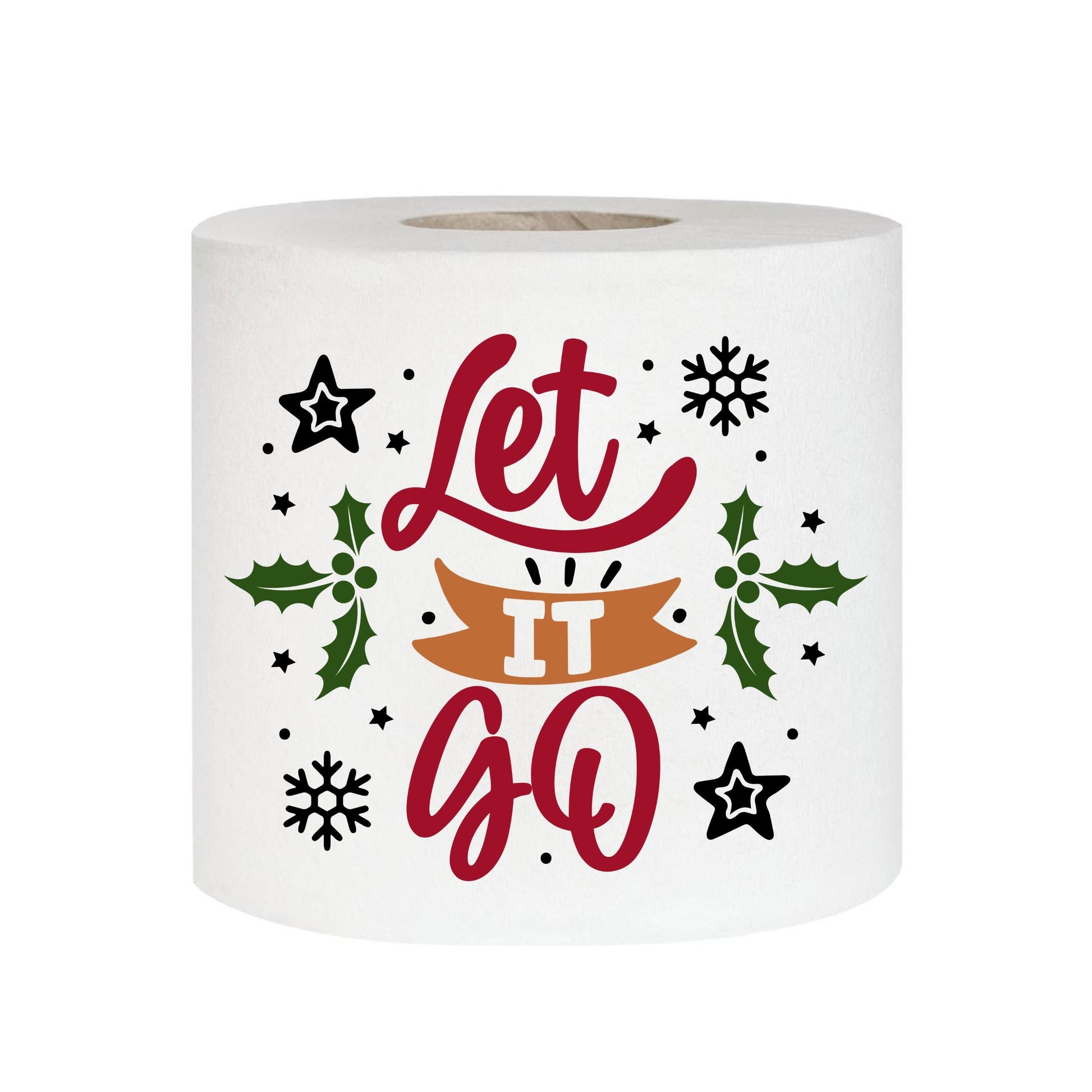 Toilet roll featuring 'Let it GO' surrounded by snowflakes and holly, a humorous take on Christmas décor - great for festive stocking stuffer ideas.