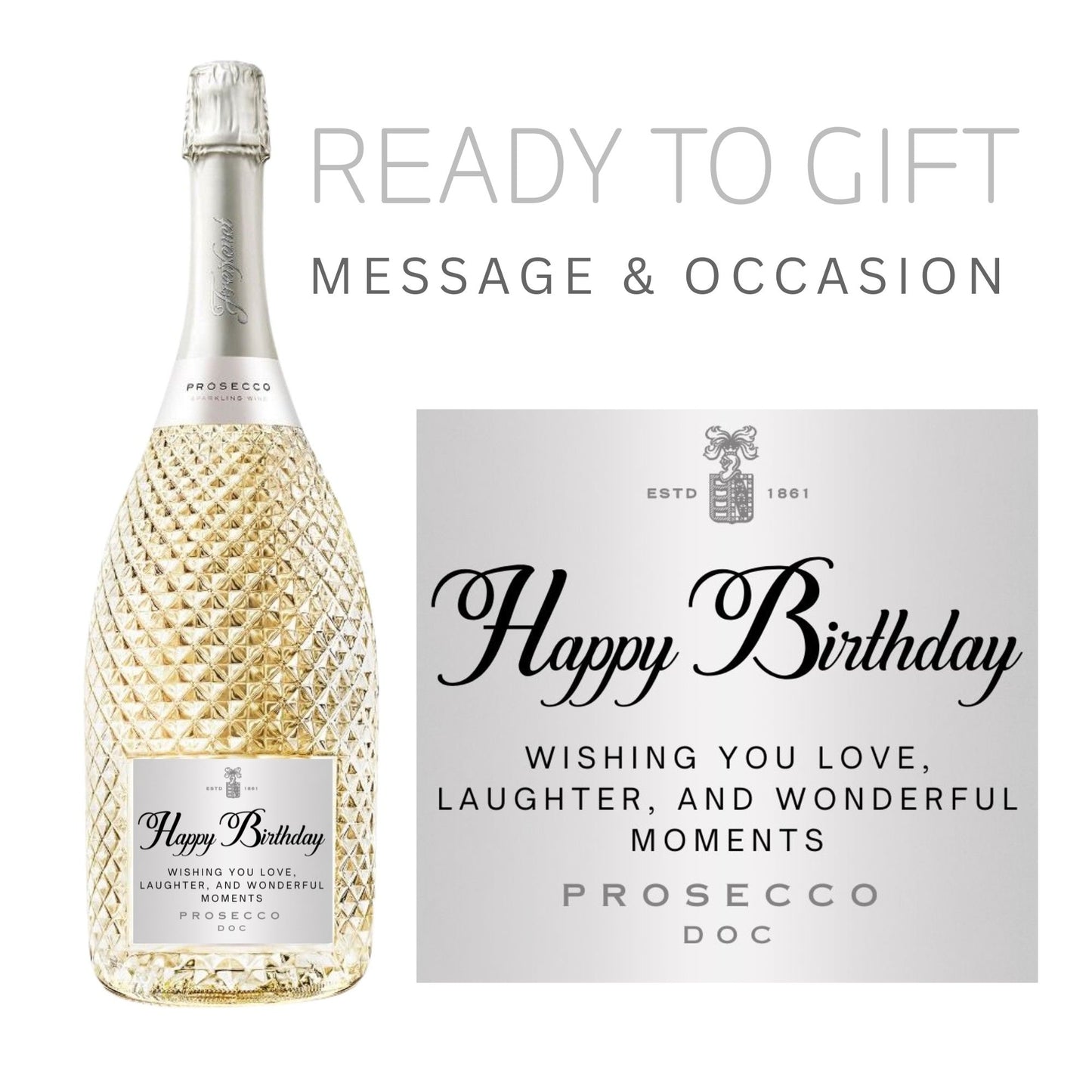 Unique prosecco gifts including a bottle with a label that wishes 'Happy Birthday - Wishing You Love, Laughter and Wonderful Moments'.