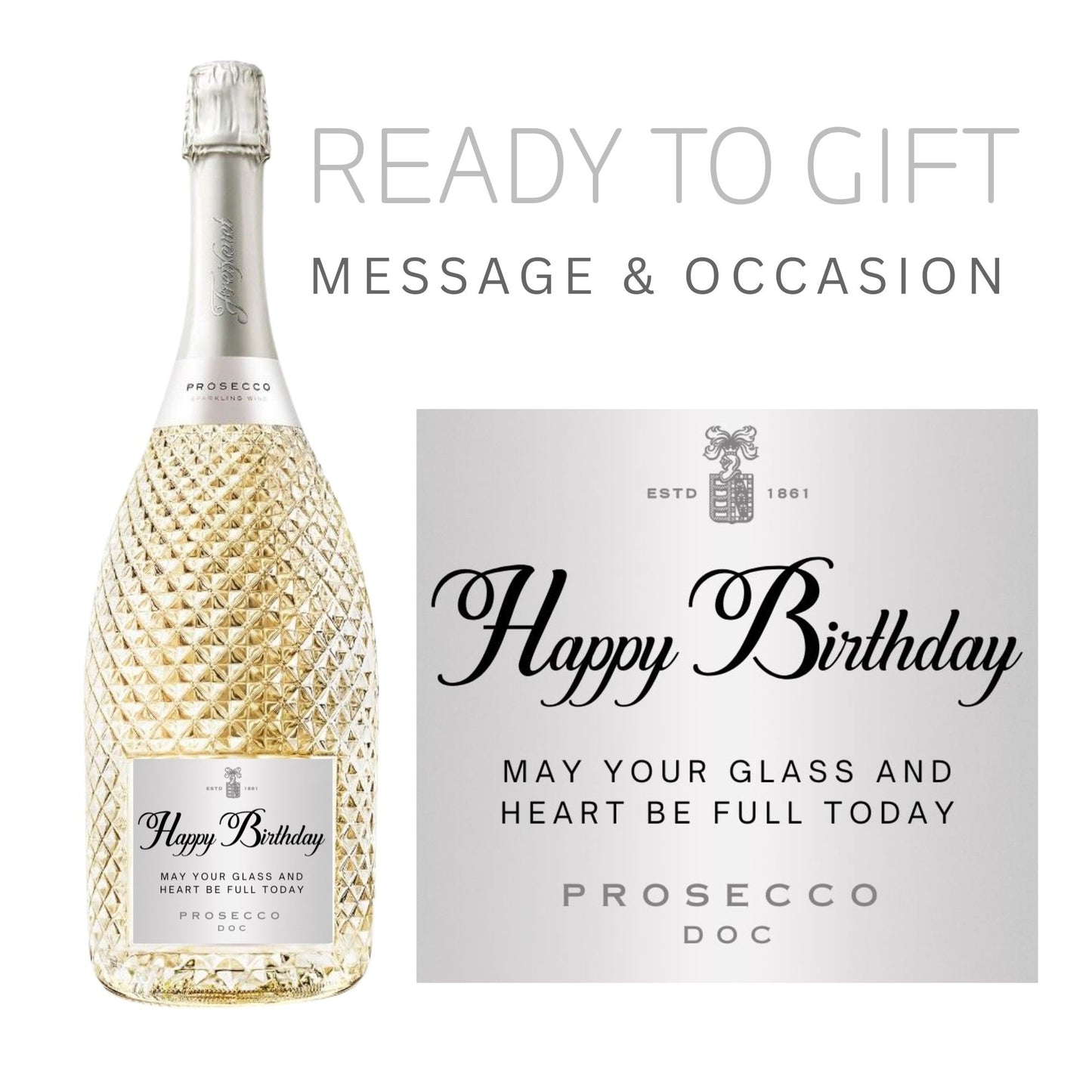 Chic prosecco bottle with a birthday label that reads 'Happy Birthday - May Your Glass and Heart Be Full Today', a great choice for unique prosecco gifts.