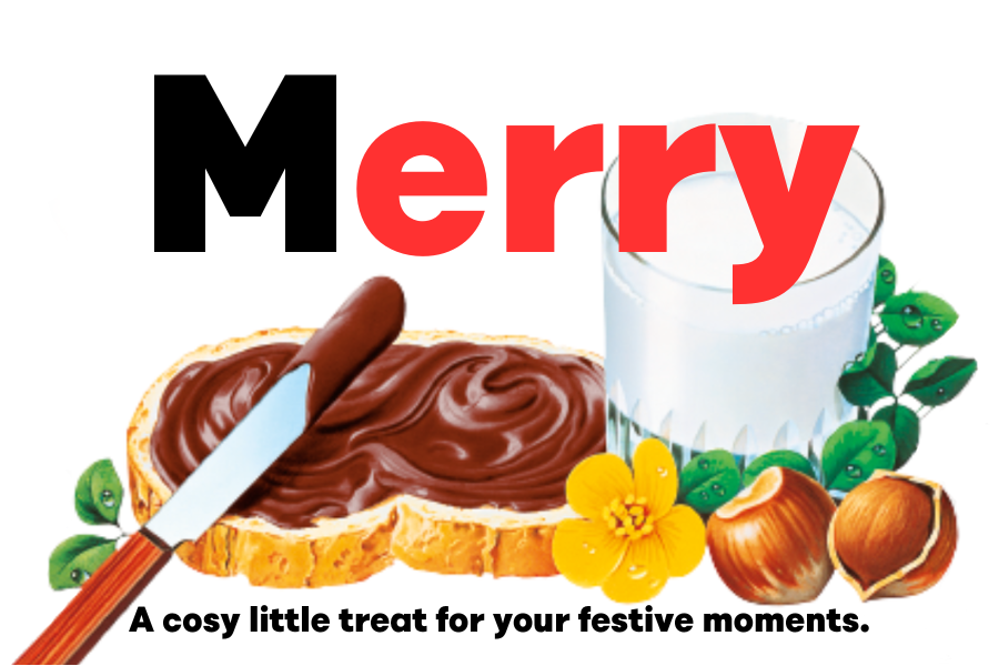 Custom Nutella jar label celebrating 'Merry' with festive Nutella illustrations.