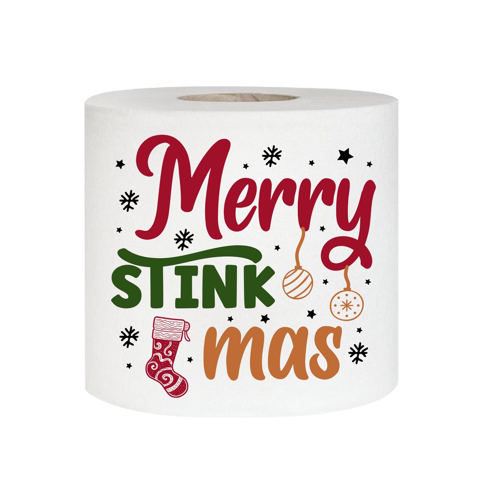 Another view of Christmas Toilet Paper that says 'Merry STINKmas' with charming holiday elements, making it a witty choice for stocking stuffer ideas this holiday.