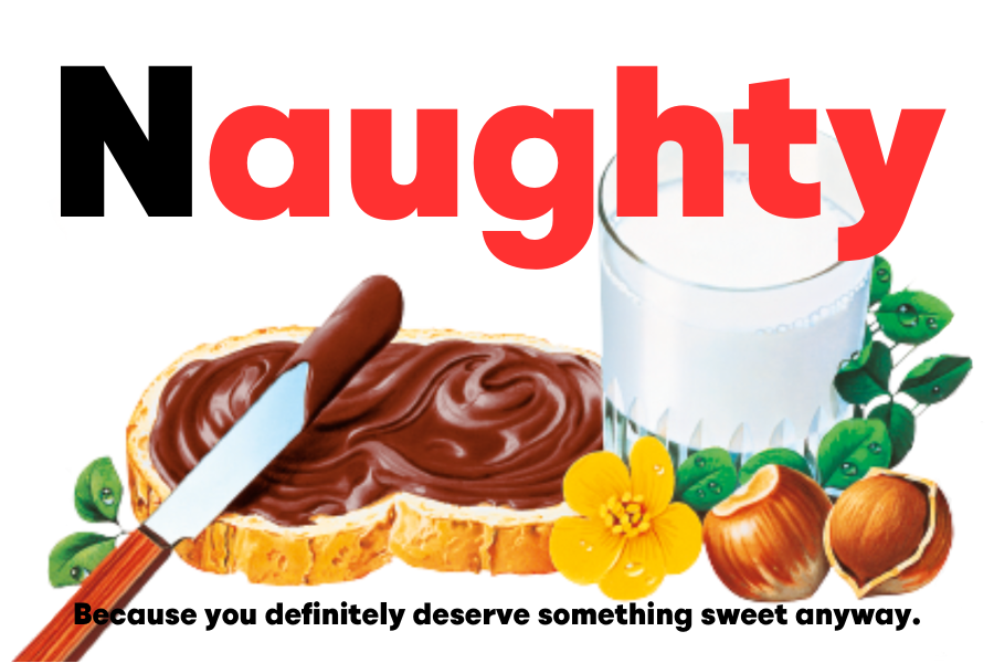 Custom Nutella jar label titled 'Naughty' featuring whimsical Nutella graphics.
