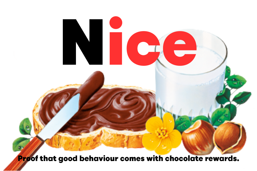 Custom Nutella jar label indicating 'Nice' surrounded by calming Nutella visuals.