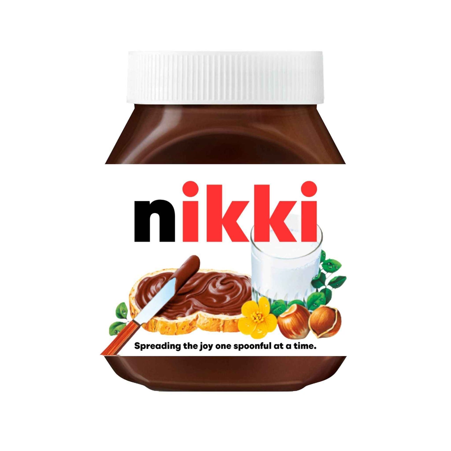 Custom Nutella label featuring the name 'Nikki', adding a fun element to your chocolate spread.