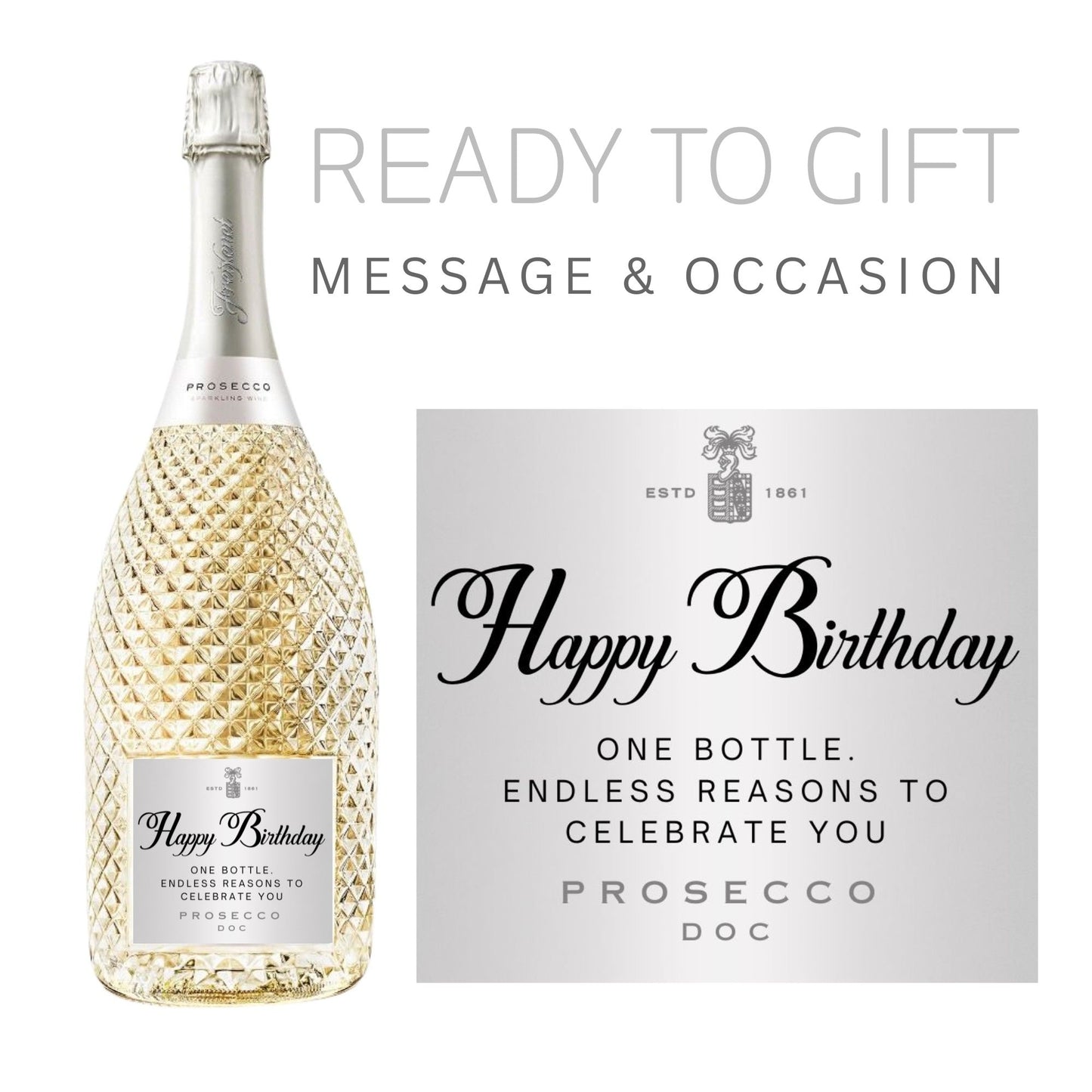 Elegant prosecco bottle with a label saying 'Happy Birthday - One Bottle. Endless Reasons to Celebrate You', perfect for unique prosecco gifts.