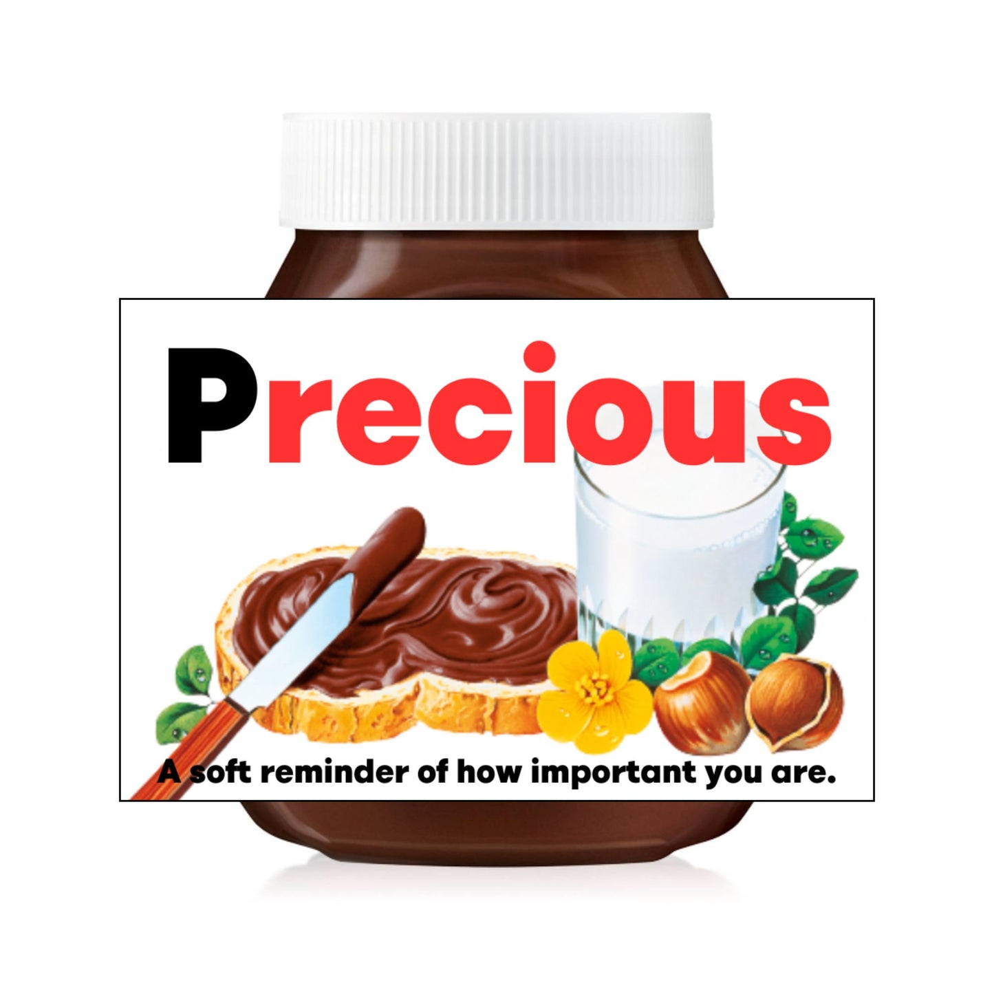 Custom Nutella jar label featuring the word 'Precious' with vibrant graphics and a slice of bread with Nutella.
