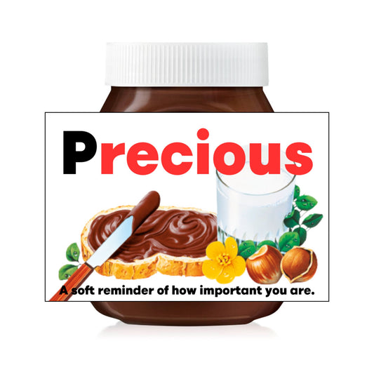 Custom Nutella jar label featuring the word 'Precious' with vibrant graphics and a slice of bread with Nutella.