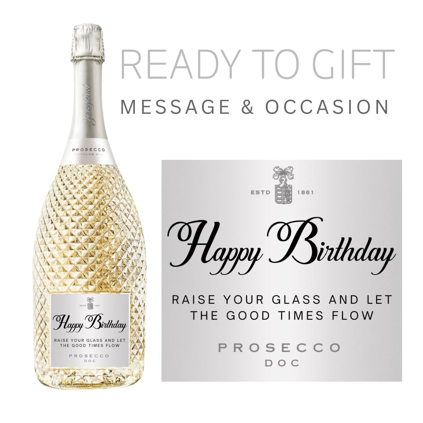 Unique prosecco gifts including a bottle with a festive label stating 'Happy Birthday - Raise Your Glass and Let the Good Times Flow'.