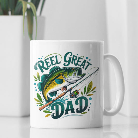 Reel Great Dad Coffee Mug - 11oz Funny Fishing Gifts for Dad, Humorous Ceramic Cup - EMU Works