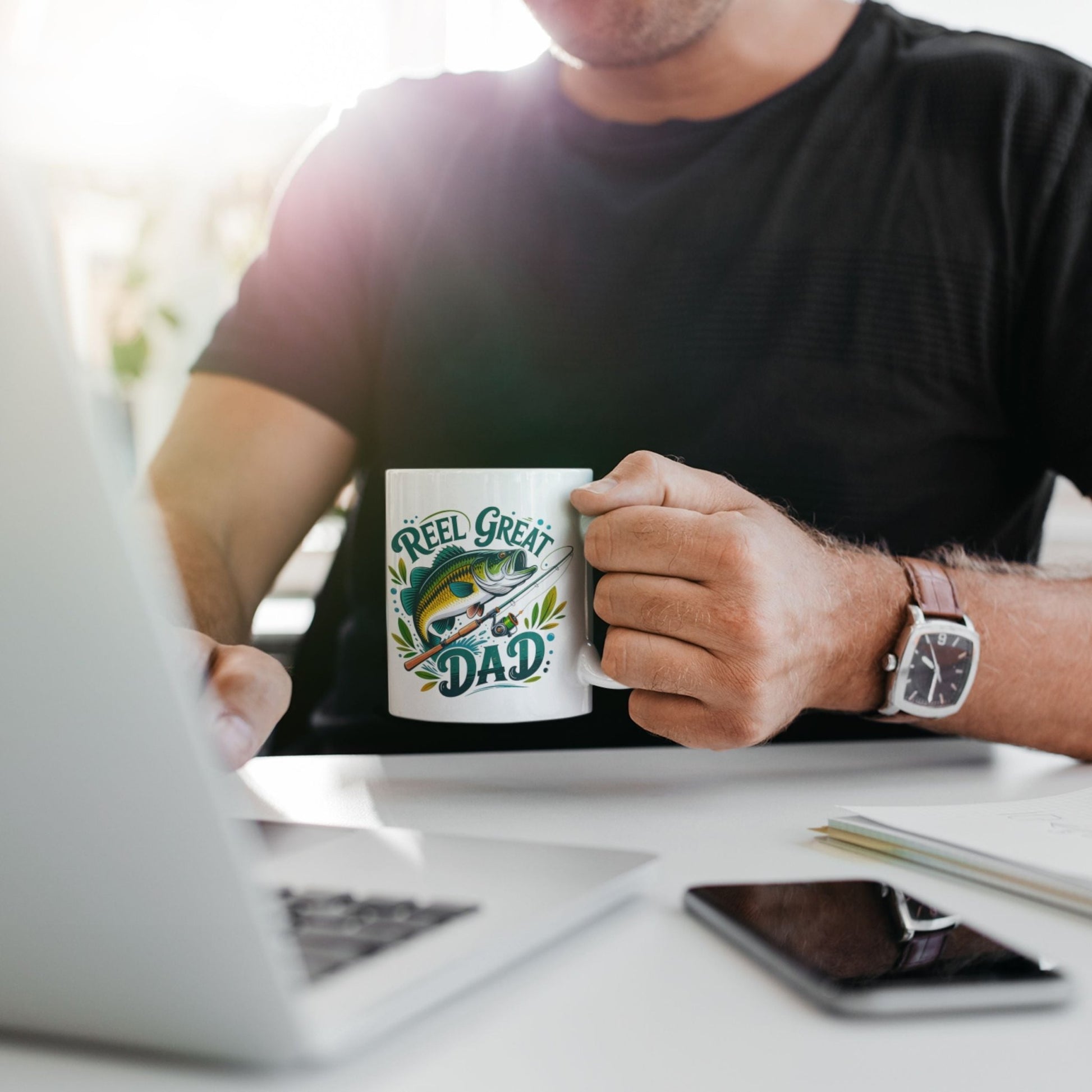 Reel Great Dad Coffee Mug - 11oz Funny Fishing Gifts for Dad, Humorous Ceramic Cup - EMU Works