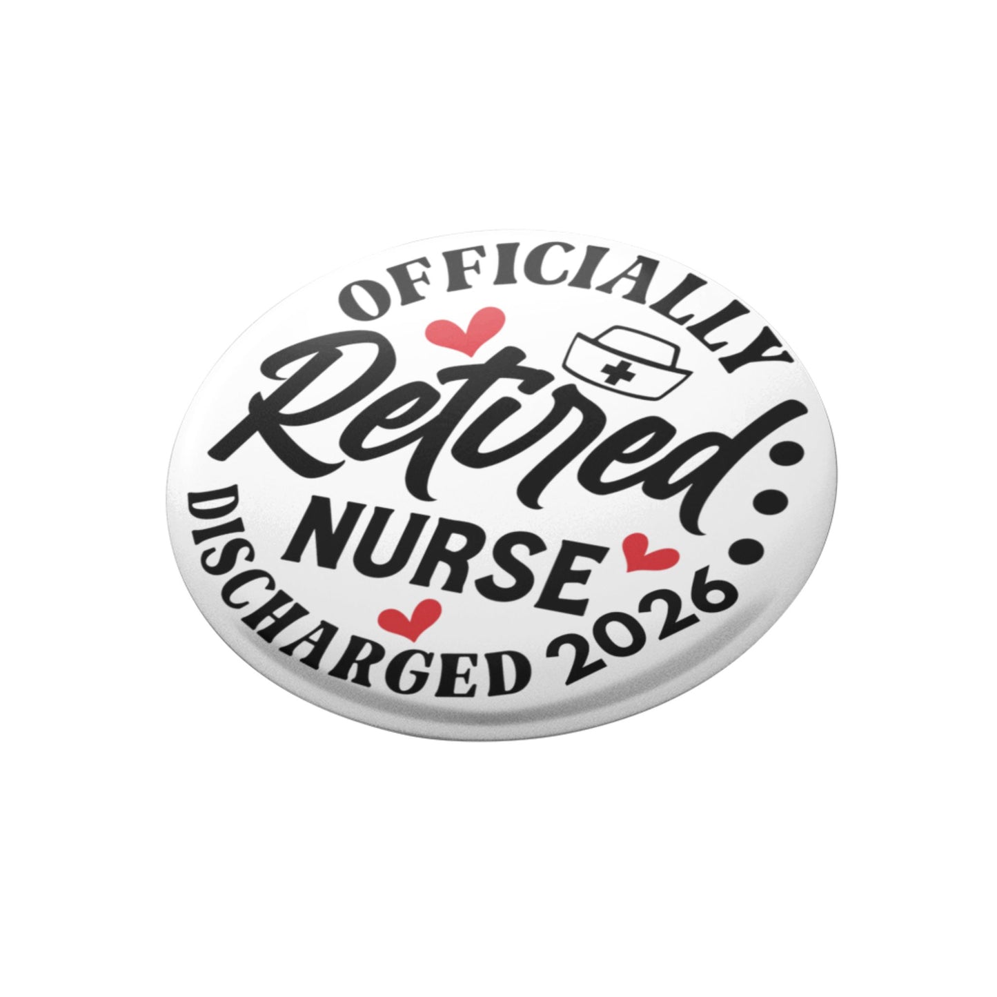 Officially Retired Nurse Badge displayed at an angle, highlighting its compact 1-inch size, ideal for proud retired nurses.